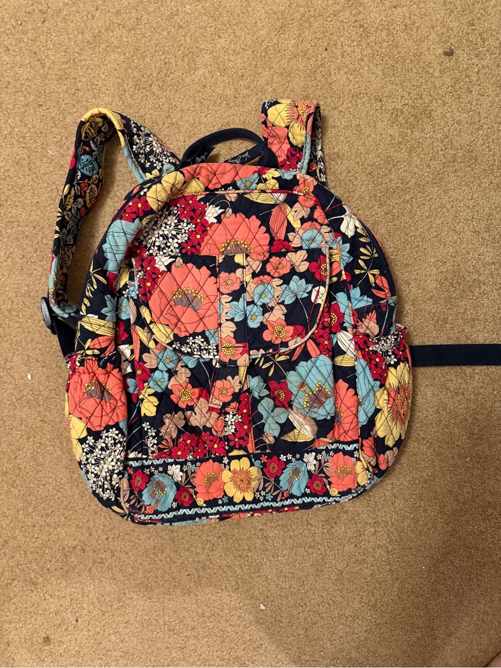 Vera Bradley Navy Floral Quilted Backpack with Coral & Aqua Accents